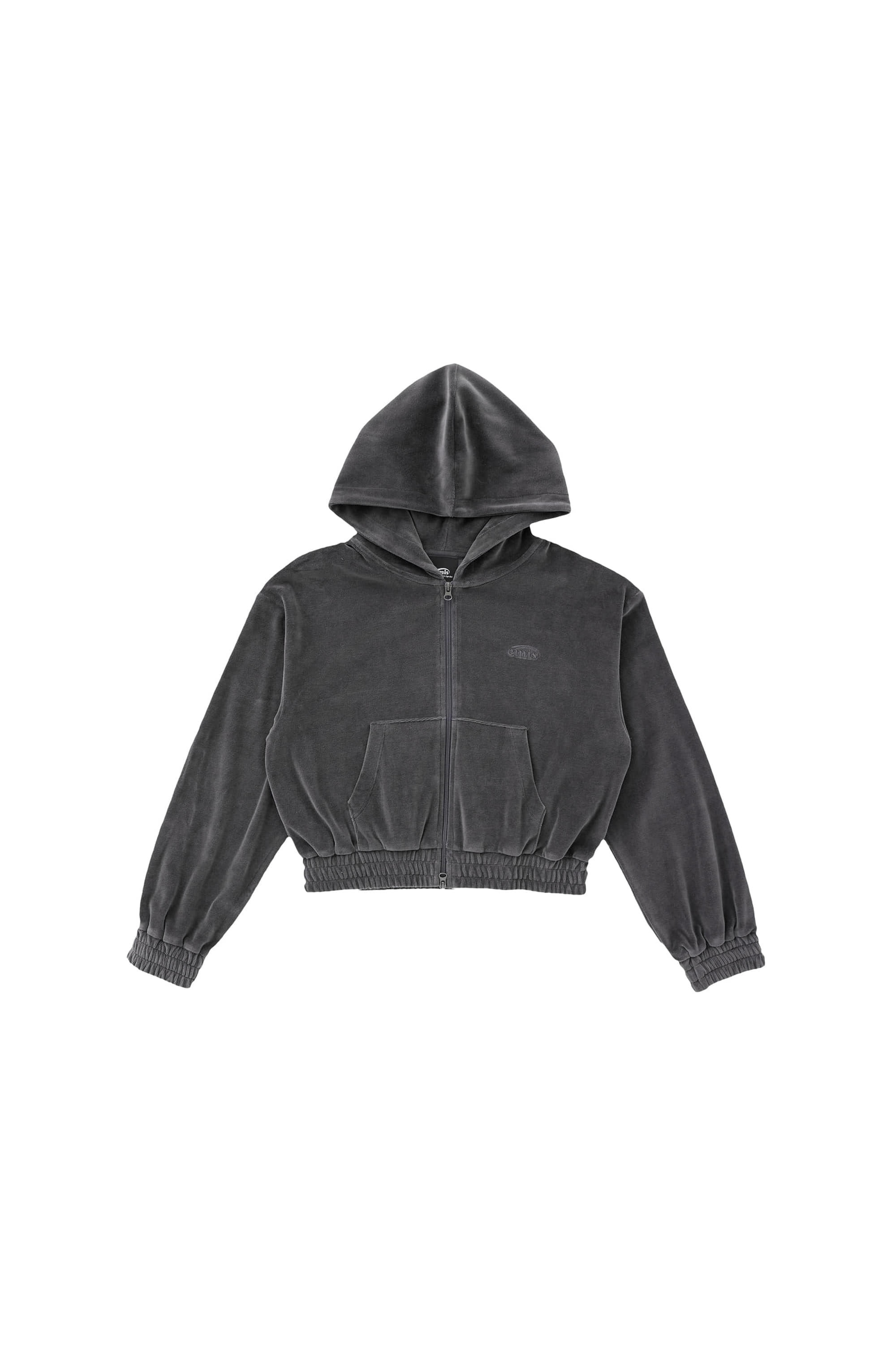 CROPPED VELOUR HOOD ZIP-UP-CHARCOAL